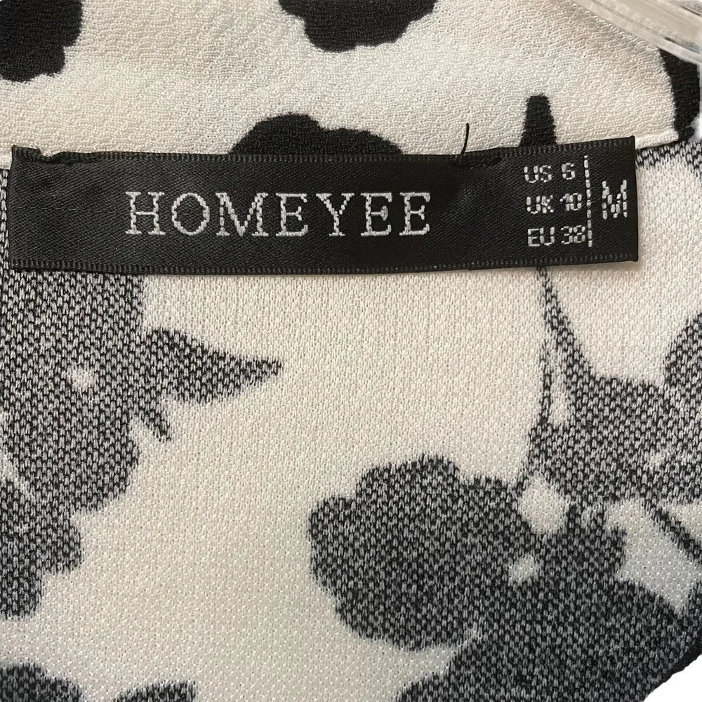 Homeyee Womens Black White Floral‎ Long Sleeve V-Neck Tie Waist Dress Size 6 M